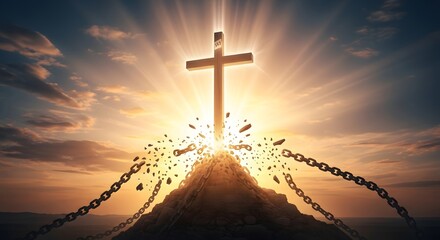Spiritual freedom concept with radiant cross symbolizing hope and liberation