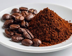Beans & grounds sit together on a white plate, close-up