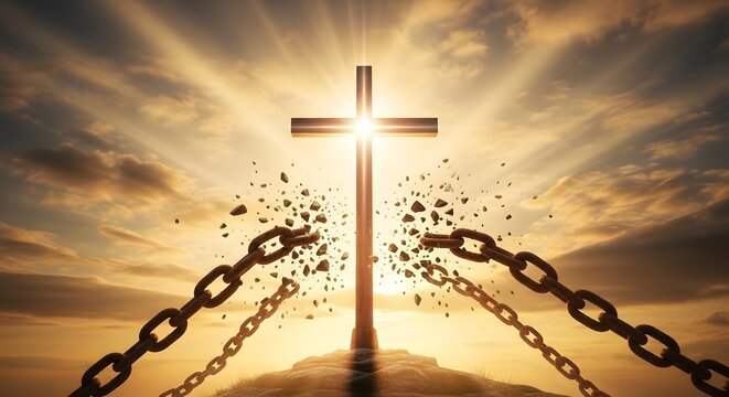 Spiritual freedom and redemption concept with breaking chains at sunrise for inspirational design