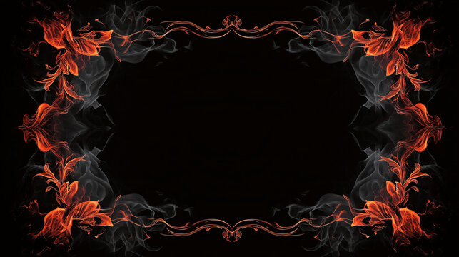 Smoke and fire floral frame with copy space on dark background