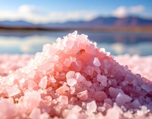 Pink salt pile by water, mountains blurred in background