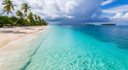 Fototapeta premium Tropical Paradise: Azure Waters and Palm-Lined Beach