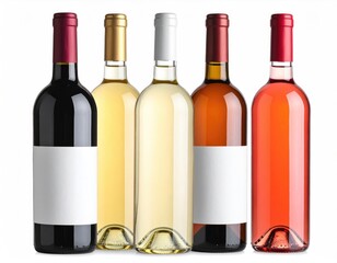 Five wine bottles of different colors, labels blank