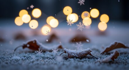 Naklejka premium Winter wonderland with snowflakes and autumn leaves under cozy holiday lights, perfect for seasonal greeting cards or festive decor