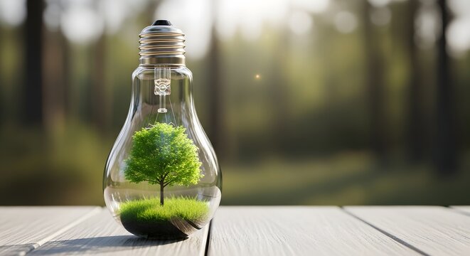 Sustainable growth concept with tree in lightbulb in peaceful forest setting for eco-friendly design inspiration