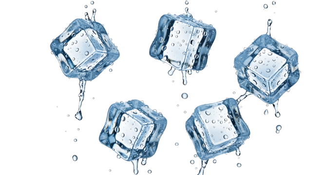 Five light blue ice cubes falling with water droplets isolated on a transparent background, dynamic splash