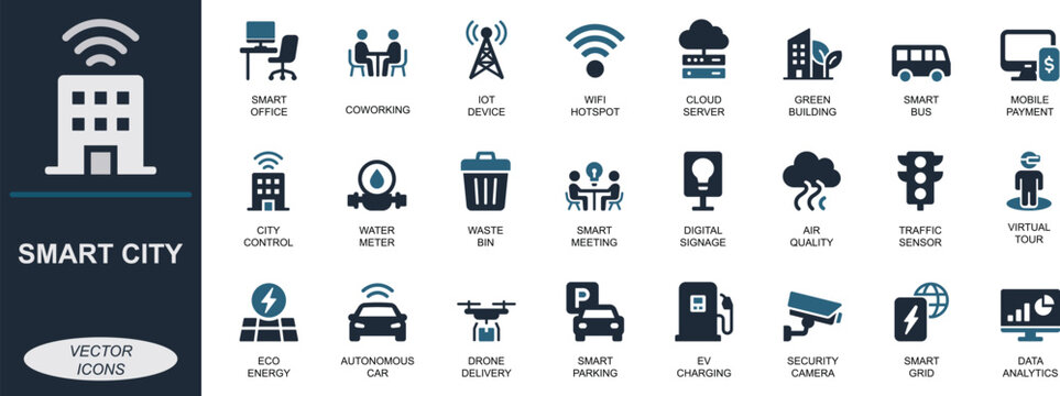 Smart city icon set. Featuring office, cloud, IoT, 5G, drone, payment, energy, mobility, and security. Perfect for apps, UI, web, and presentations.