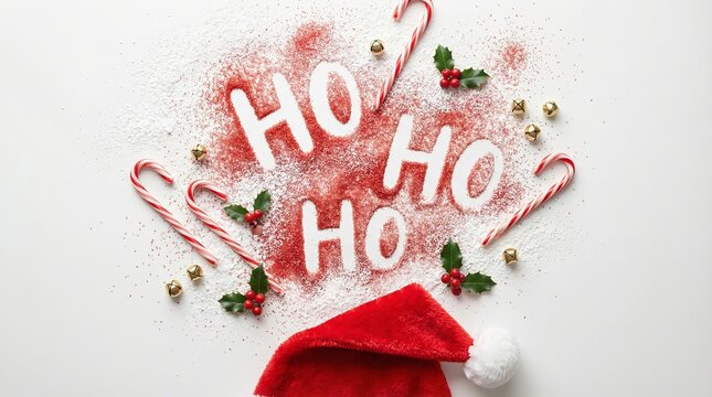 Christmas flat lay with candy canes, holly, bells and Ho Ho Ho text in glitter - Powered by Adobe