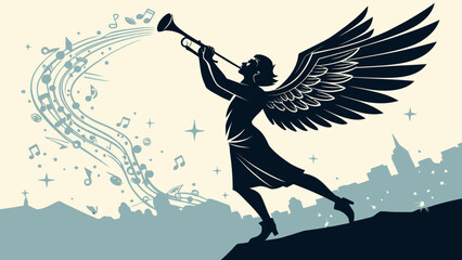 Dynamic winged silhouette playing trumpet, musical notes float over a cityscape, vector origin art