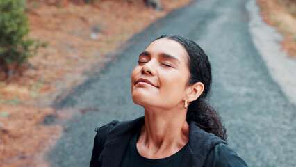 Fitness, woman outdoor and breathe with eyes closed for fresh air, mindfulness and stress...