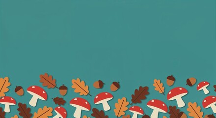 Paper cut illustration of red mushrooms and oak leaves on a teal background