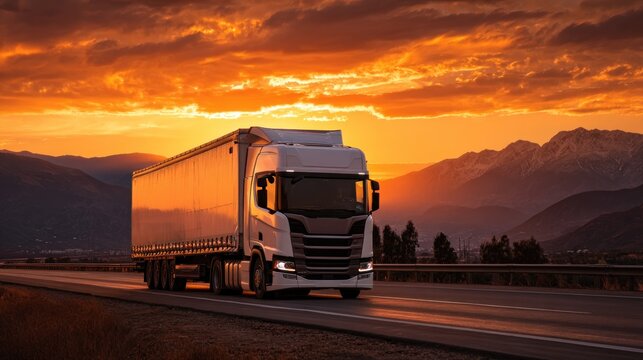 Semi trailer truck driving on highway at sunset with mountain backdrop