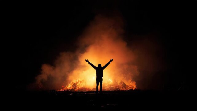 A man stands in front of the fire, his silhouette illuminated by the flames against an endless darkness. This visual representation captures a moment that embodies both fear and beauty as it delves
