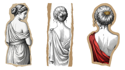 Three vintage engravings of classical women in drapery. on textured brown paper cutouts.