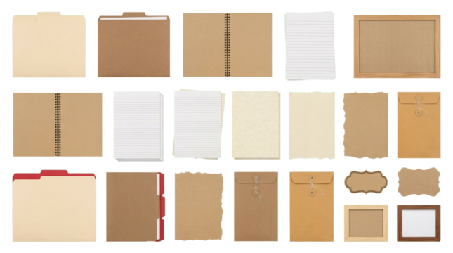 Collection of various paper office and craft items. cutout on transparent background