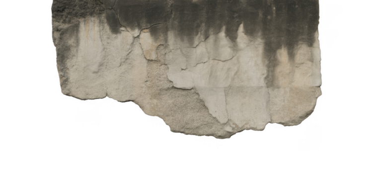Cracked concrete wall fragment with dark water stains isolated on a transparent background