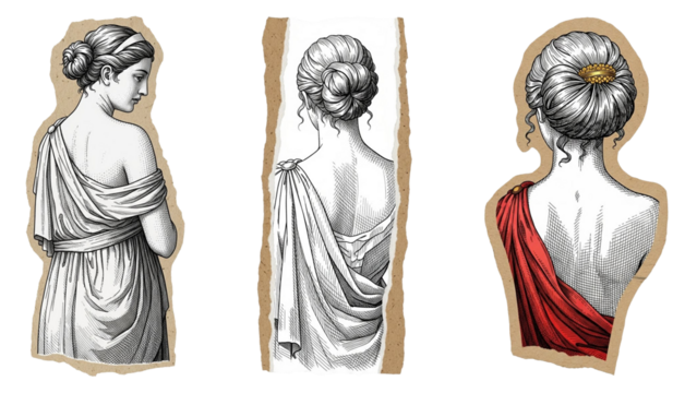 Three vintage engravings of classical women in drapery. on textured brown paper cutouts.