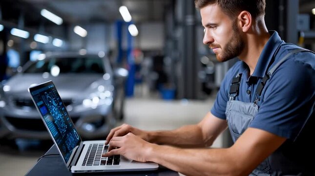 Caucasian male working as auto mechanic, manager repairing car engine using laptop, operating computer system, checking car maintenance details, diagnosing it in auto repair shop.