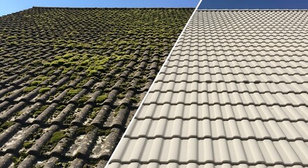 Roof maintenance transformation showing before and after cleaning with moss and dirt removal for enhanced durability and aesthetics
