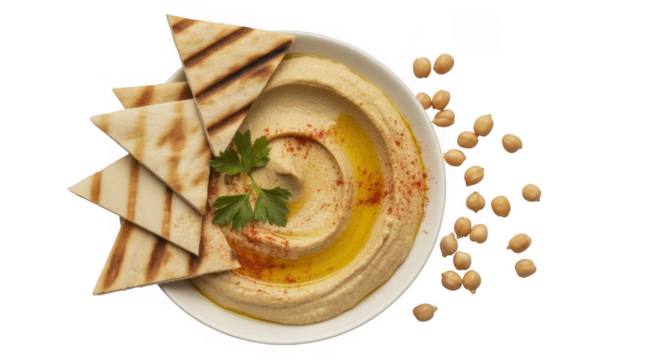 Creamy hummus with grilled pita bread and chickpeas isolated on a transparent background