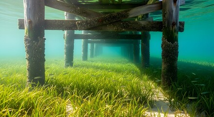 Underwater view of pier structure with marine life and algae in clear water for nature and ocean exploration design