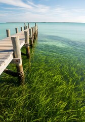 Fototapeta premium Scenic coastal landscape with pier and clear ocean water for nature-themed designs