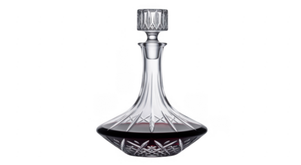 Crystal wine decanter filled with red liquid isolated on a transparent background