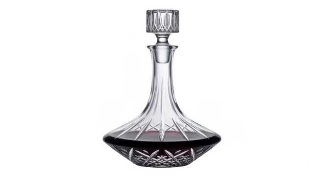 Crystal wine decanter filled with red liquid isolated on a transparent background
