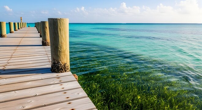 Tranquil tropical beach pier overlooking clear blue ocean waters, perfect for summer getaway and relaxation themes