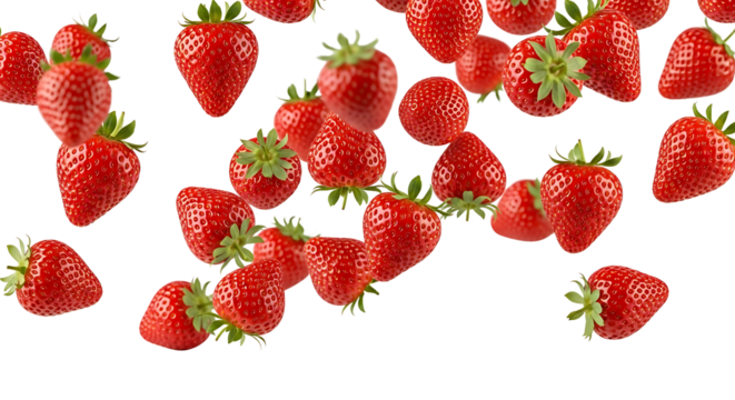 Isolated ripe strawberries falling against a transparent background. Ideal for packaging, menu design, and fresh fruit marketing visuals