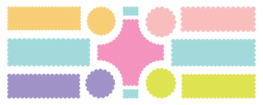 Different set of frames with zigzag edge, scallop edge shape. Rectangular, oval round scalloped frames. Isolated elements for design of text box, badge, banner.