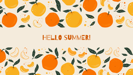 Fruit Background With Hand draw Tangerines Or Oranges with leaves and slices with a place for text. Summer vector design for banners, posters, flyers, postcards