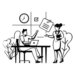 Project Progress Review Meeting office scene concept, deadline tracking and status reporting vector design,Intrinsic motivation scene,Behavioral Economics banner,two colleagues communicating motion