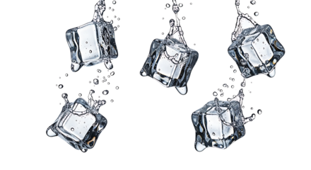 Dynamic splash of four clear ice cubes falling with water droplets, isolated on a clean transparent background