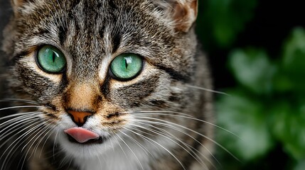 Close-up portrait captures a tabby cat licking its nose with bright green eyes and a blurred garden background showing a cute expression.