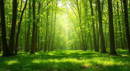 Obraz premium Sunlight through a green forest trees nature woods landscape summer grass environment