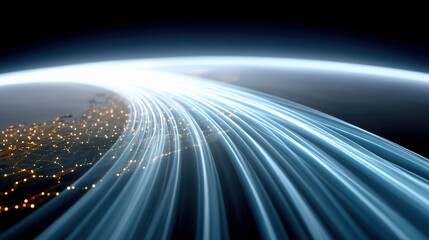 Abstract representation of global data streams flowing over a night-time view of Earth, with glowing city lights visible on the landmass.