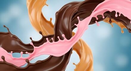 Vibrant swirls of chocolate, strawberry, and caramel liquid splash on blue background for creative design