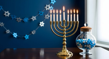 Hanukkah Menorah and Decorations on a Table