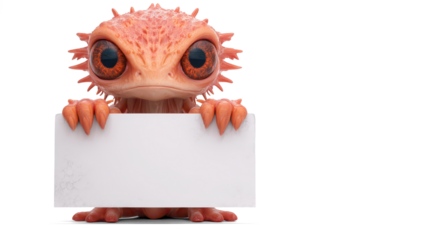 A burnt orange lizard holding a jagged-edged white sign