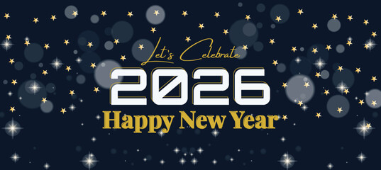 Happy New Year 2026 Banner with Gold Fireworks and Hanging Ornaments on Dark Blue Background
