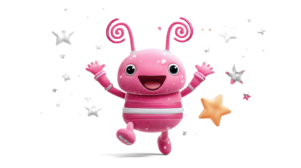 A cheerful pink alien with spiral antennae, jumping joyfully on a pogo stick with stars floating behind