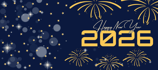 Happy New Year 2026 Banner with Gold Fireworks and Hanging Ornaments on Dark Blue Background