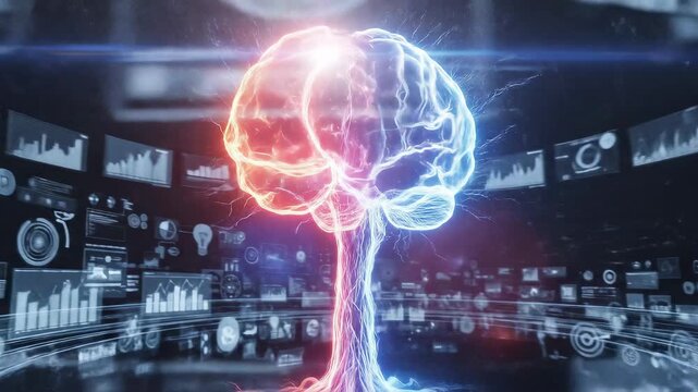 Vibrant glowing brain model shaped like a branching tree rooted in a futuristic dark environment filled with holographic data visualizations charts and technology concepts - Powered by Adobe