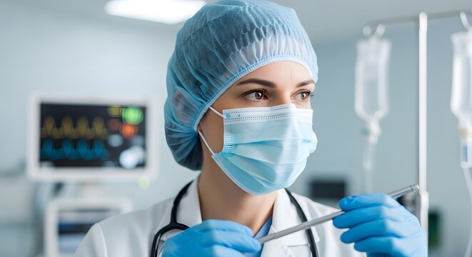 Healthcare professional in protective gear holding medical instrument in hospital environment for health and safety awareness