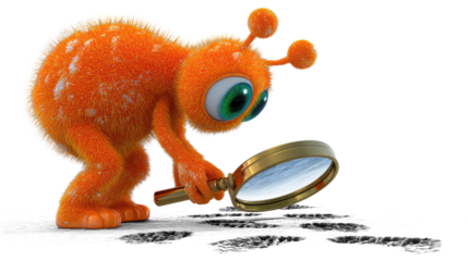 A curious orange alien examining strange footprints on the floor through an oversized magnifying glass