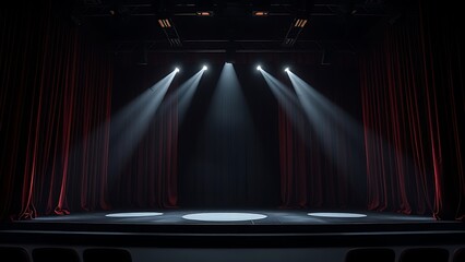 actor. An empty theater stage features dramatic spotlight beams and partially visible velvet curtains, evoking a cinematic mood. event programs.