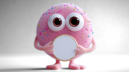 A doughnut-shaped pink alien with frosting texture, sprinkles for freckles, and giant candy eyes