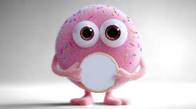 A doughnut-shaped pink alien with frosting texture, sprinkles for freckles, and giant candy eyes