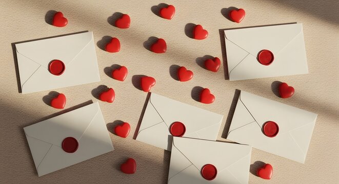 Valentine's day love letters and sealed envelopes with red heart decorations on textured surface